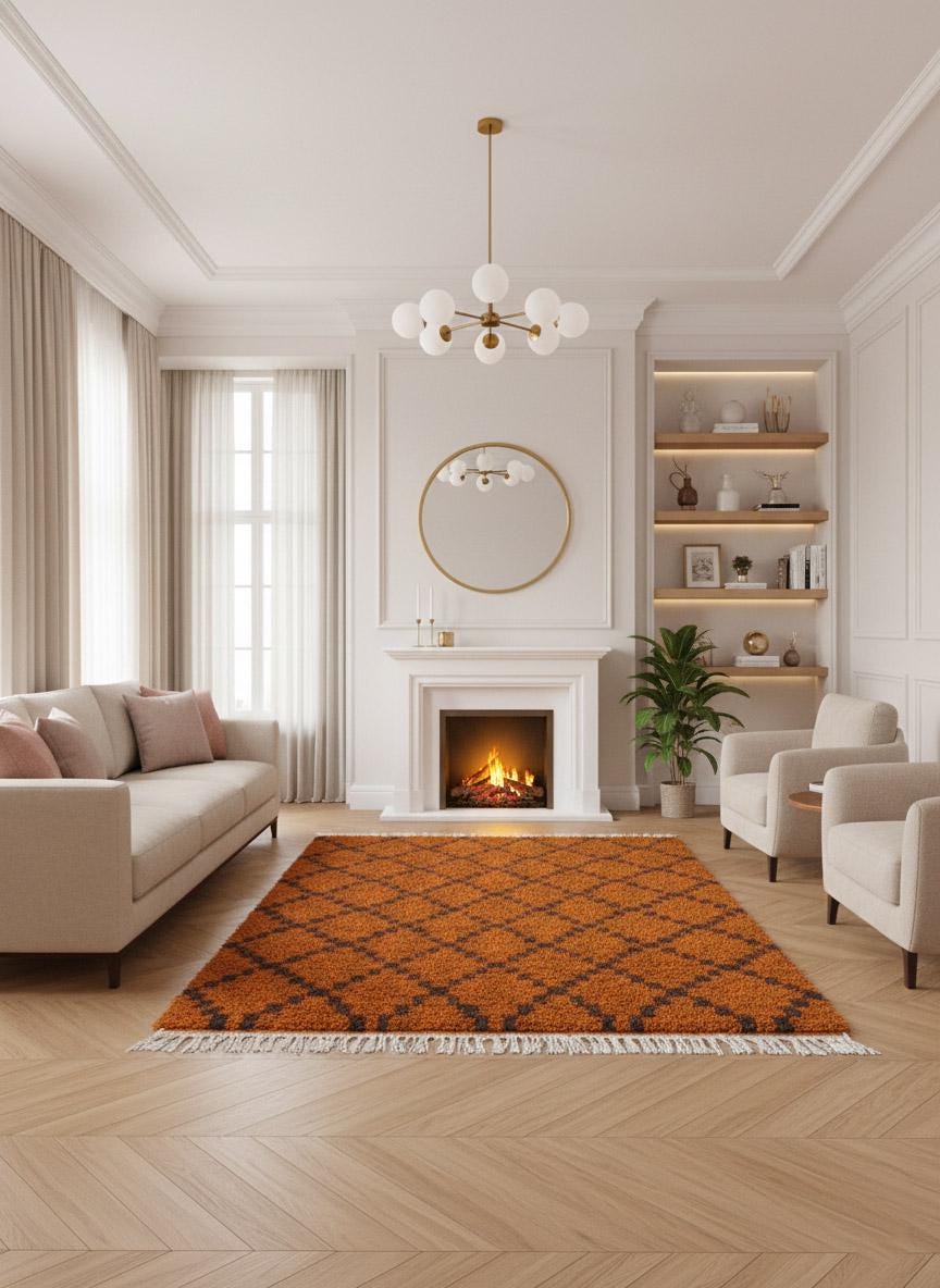 Orange Moroccan wool rug in elegant living room