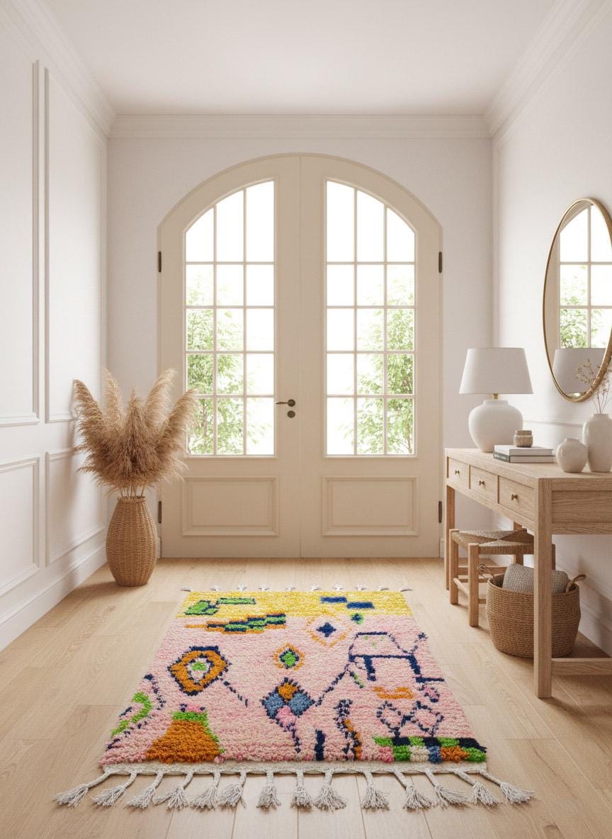 Pink Moroccan wool rug with colorful geometric pattern