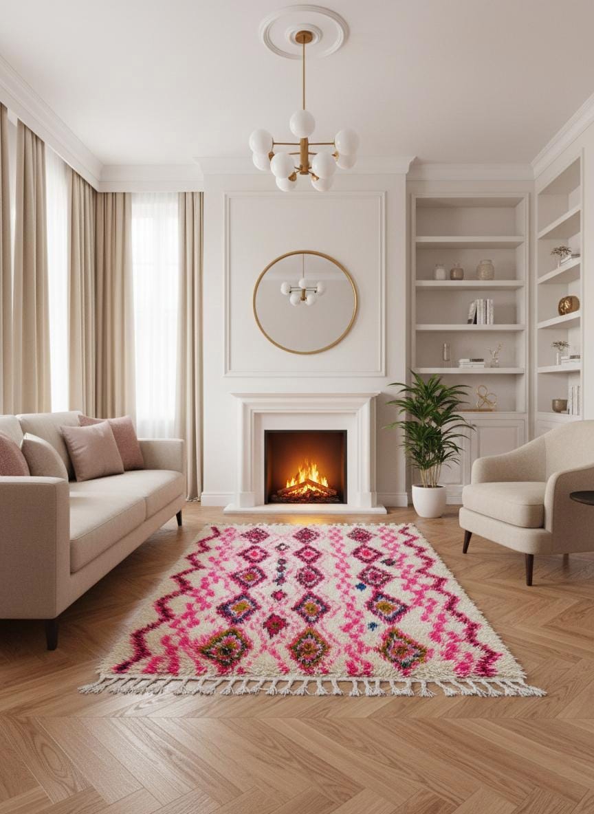 Beige pink Moroccan rug with diamond design in modern living room