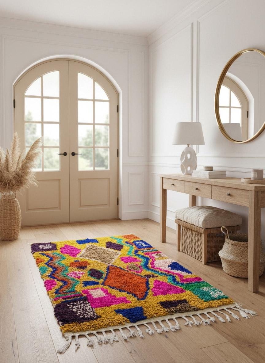 Colorful yellow Moroccan rug styled in bright entryway
