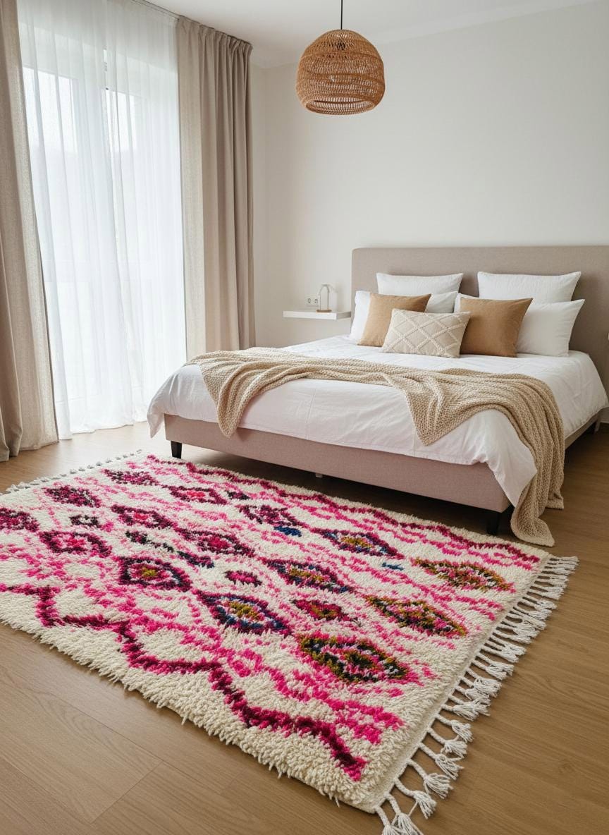 Pink and beige handmade Moroccan rug styled in bedroom