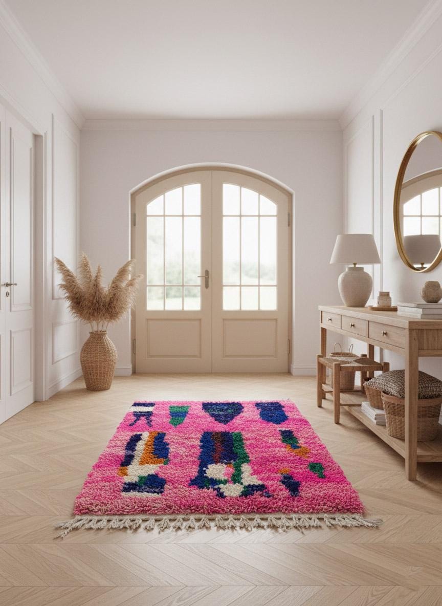 Colorful pink Moroccan rug in entryway