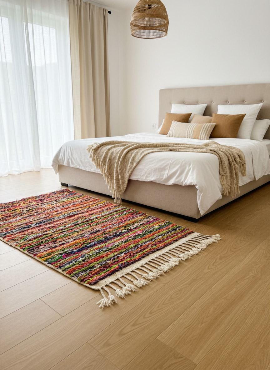 Moroccan striped wool rug styled in a bright bedroom