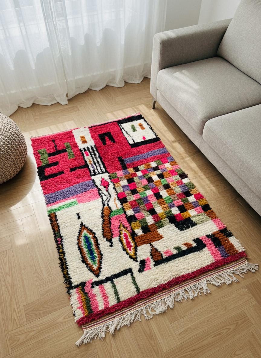 Pink and multicolor Moroccan rug styled in modern neutral interior