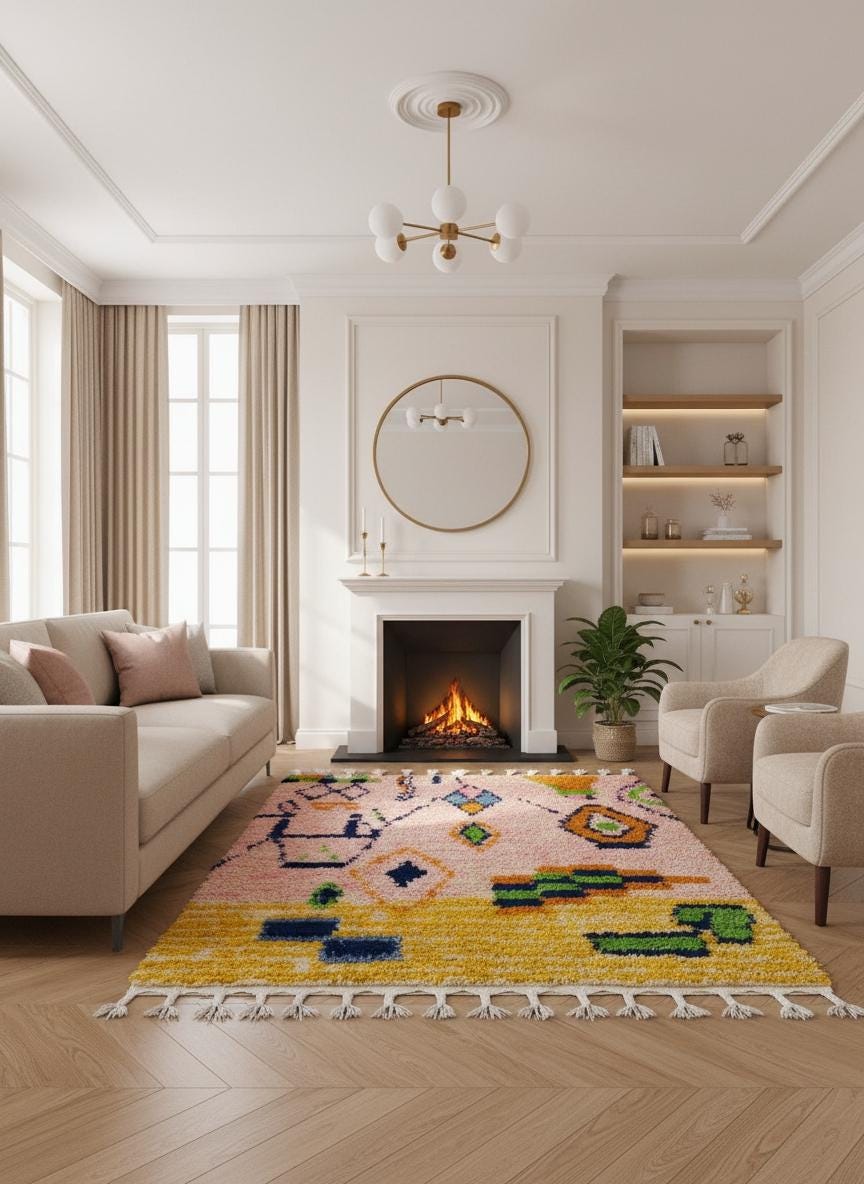 Colorful Moroccan wool rug with abstract motifs