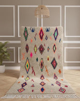 Handmade Moroccan wool rug with multicolor diamond motifs