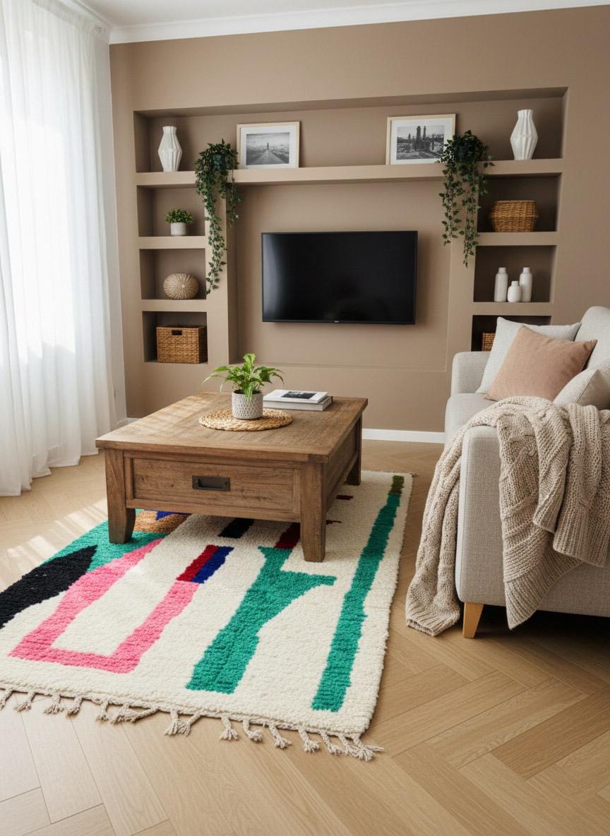 Modern abstract Moroccan rug in neutral interior