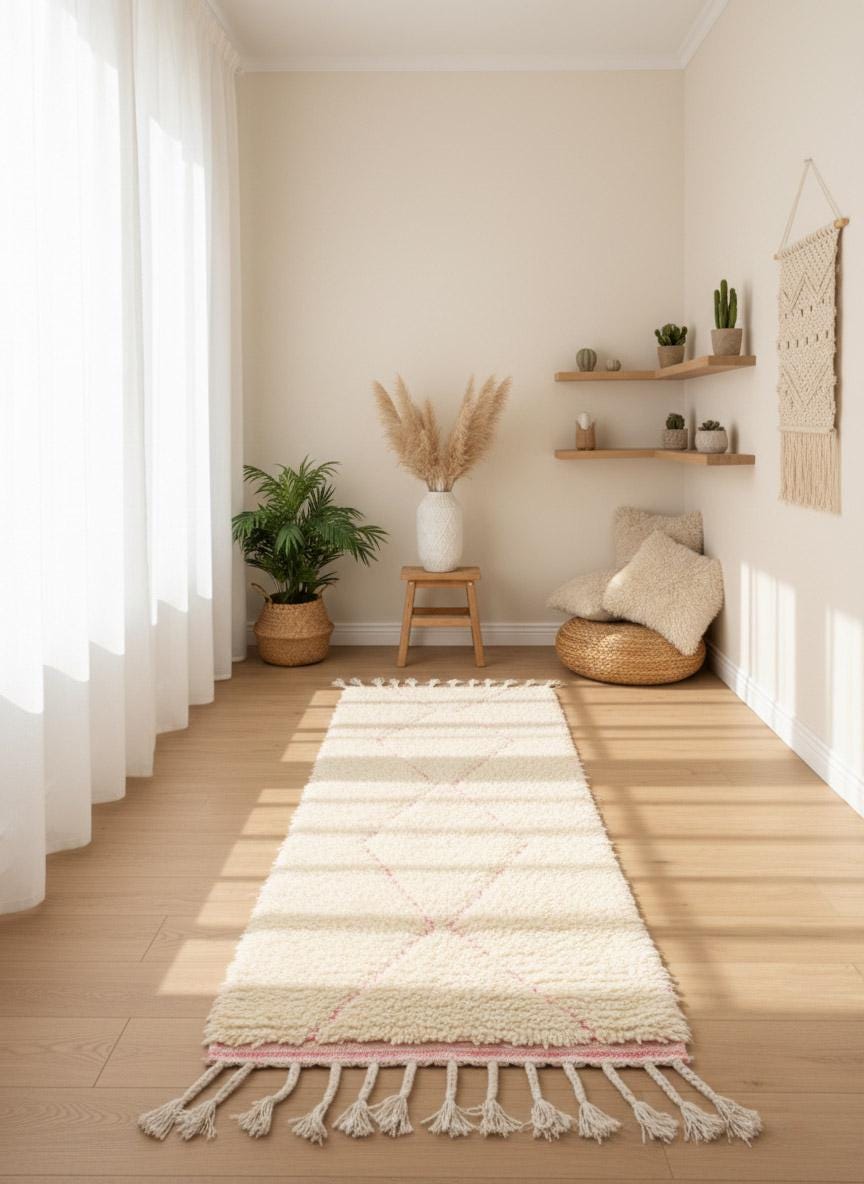 Soft pink and beige Moroccan runner rug with diamond pattern in bright hallway