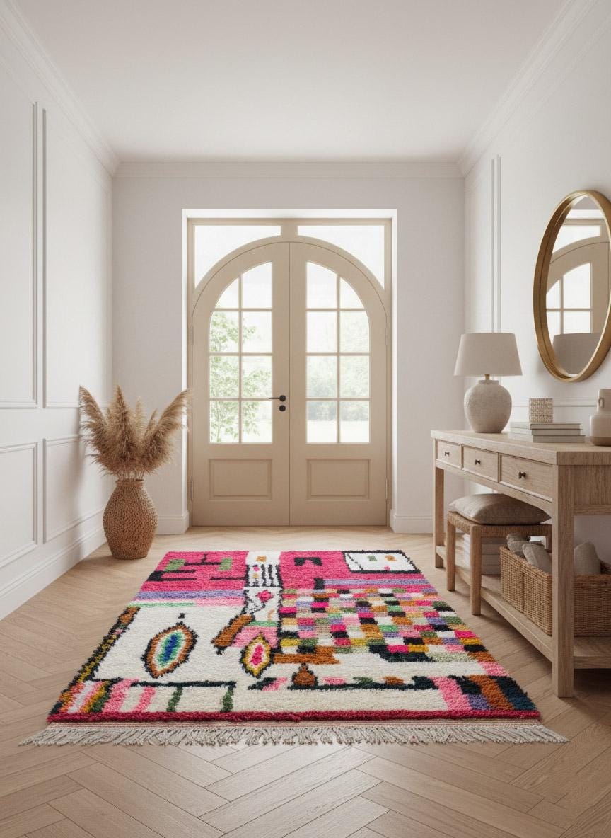 Handwoven Moroccan rug with vibrant pink geometric pattern in entryway