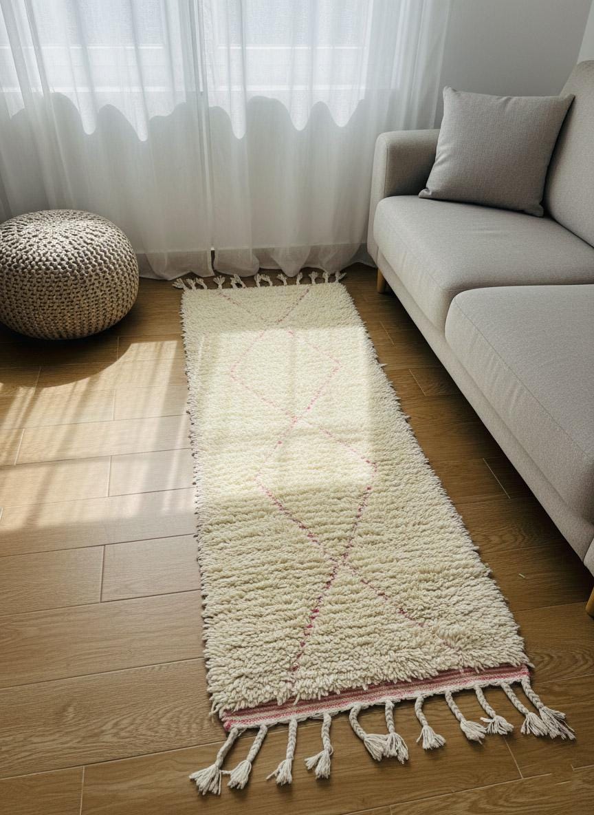 Pink and beige Moroccan wool runner rug styled beside sofa and sheer curtains