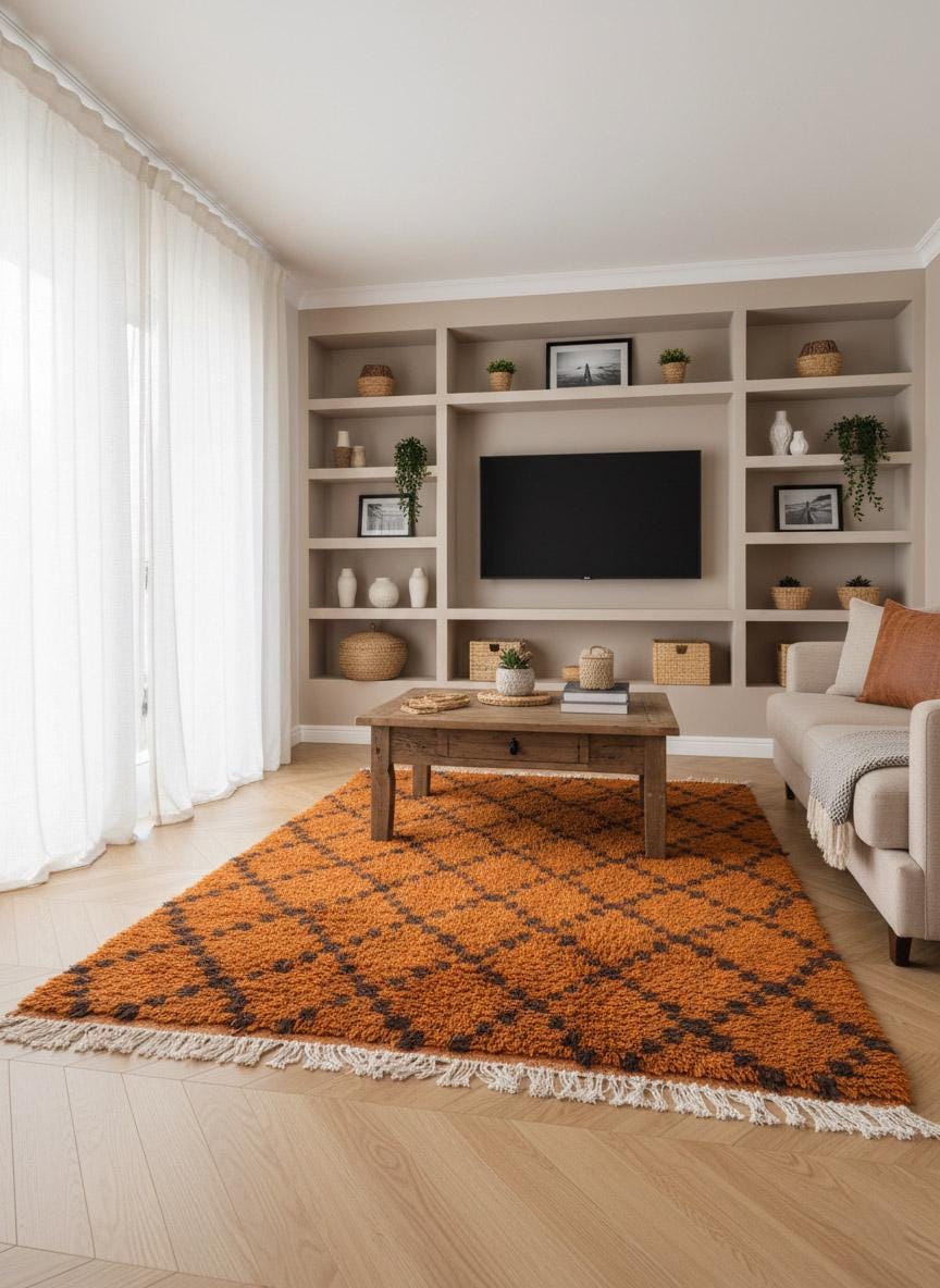 Handwoven orange Moroccan rug in modern interior