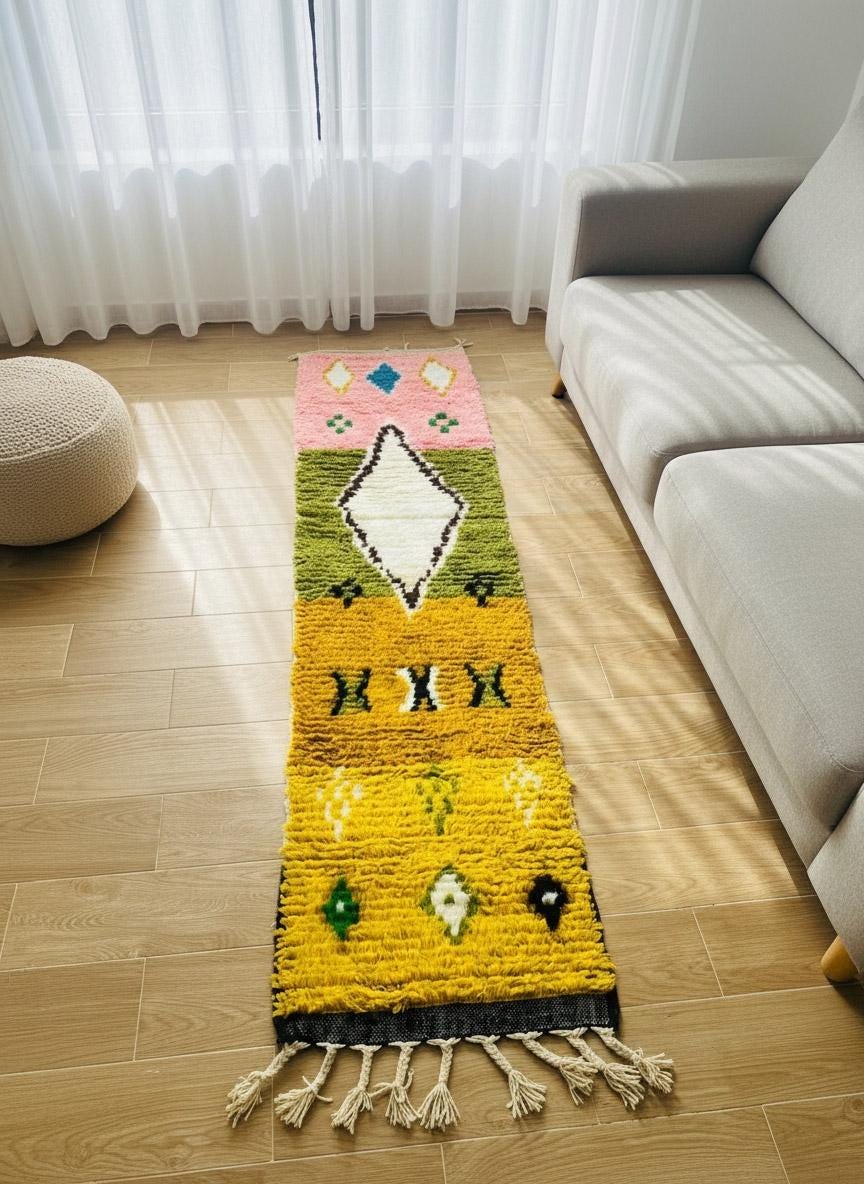 Yellow wool Moroccan hallway runner with pink and green details