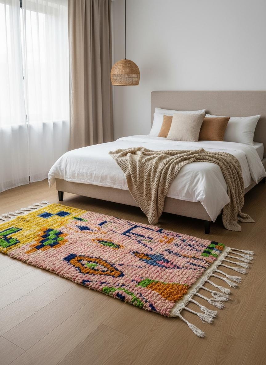 Colorful Moroccan wool rug styled in bedroom