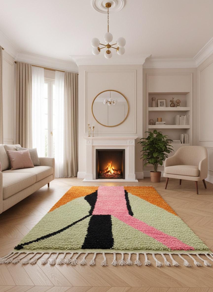 Handmade Moroccan area rug with bold color-block pattern in living room