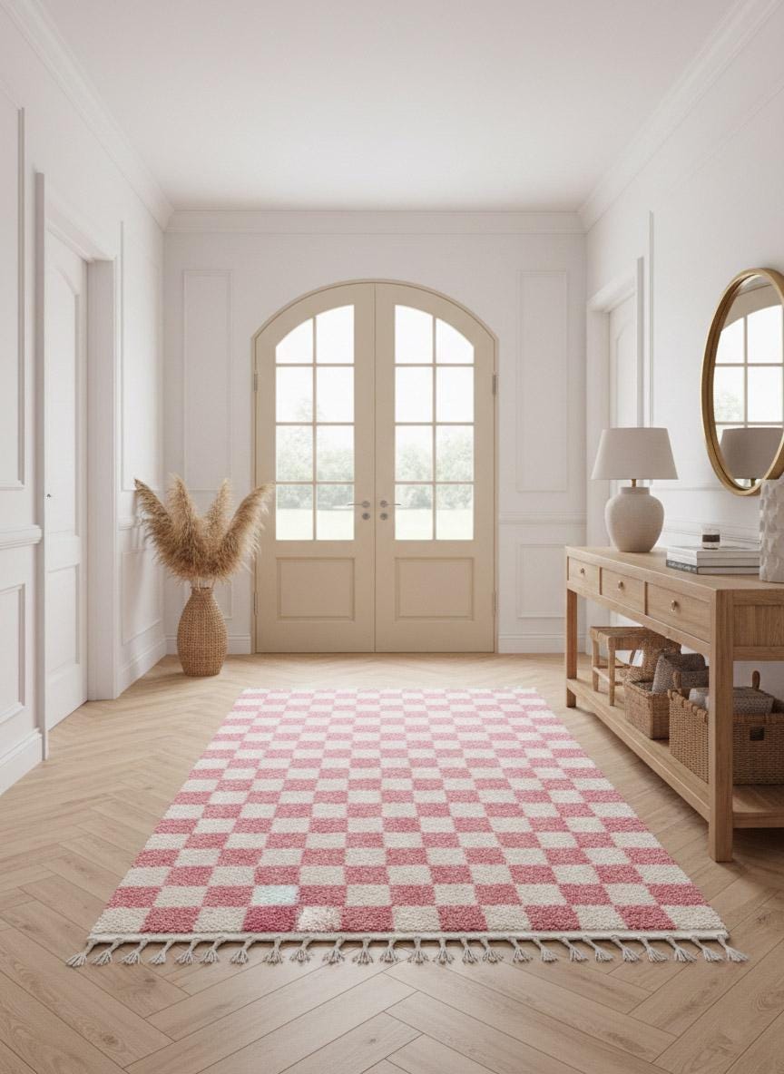 Pink Moroccan wool rug in bright entryway