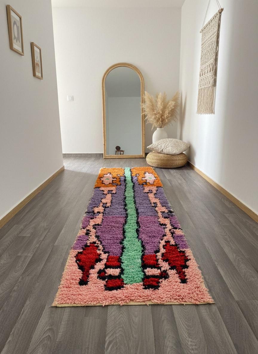 Handwoven Moroccan runner rug in bright entryway