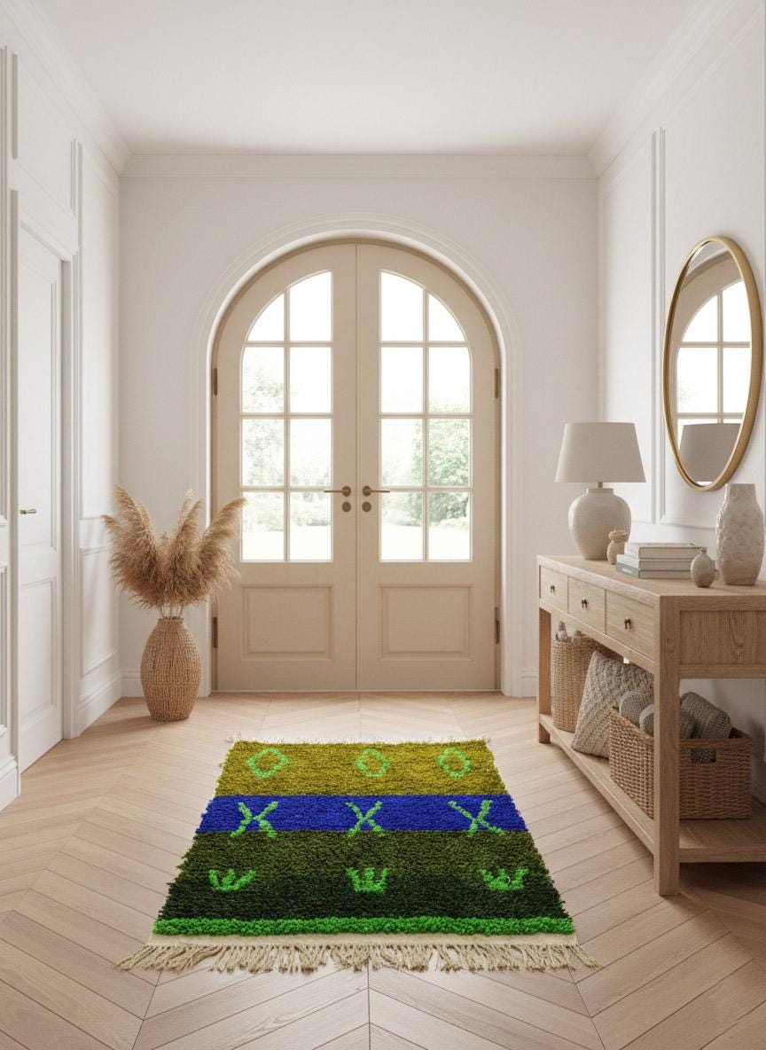 Moroccan wool rug in green and blue displayed in entryway