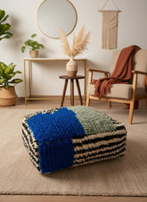 Moroccan Berber Pouf, Handmade Wool Floor Cushion, Blue Green