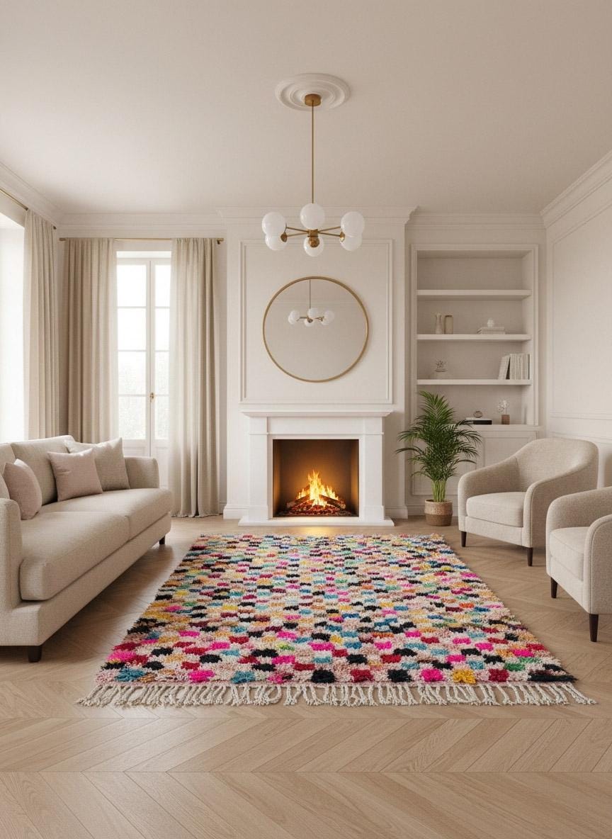 Colorful pink Moroccan area rug in cozy living room