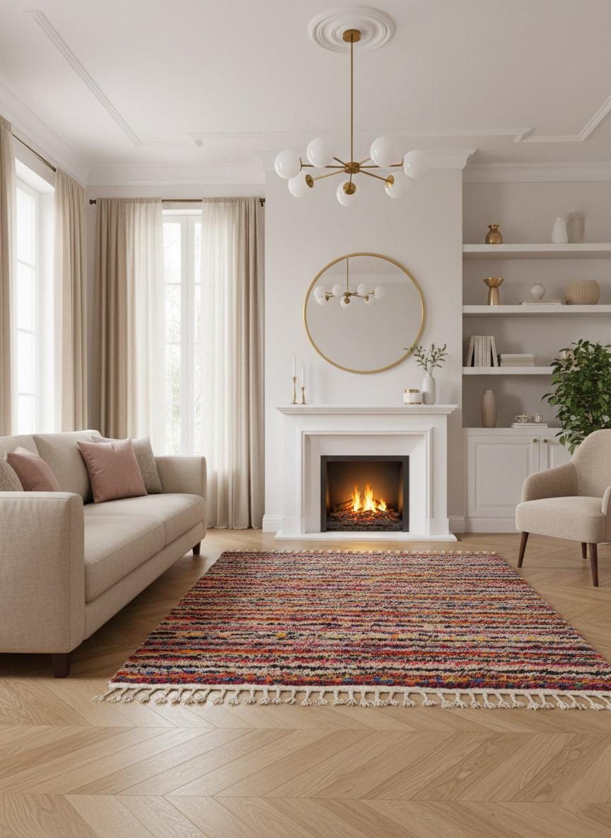 Handmade Moroccan striped wool rug in elegant living room