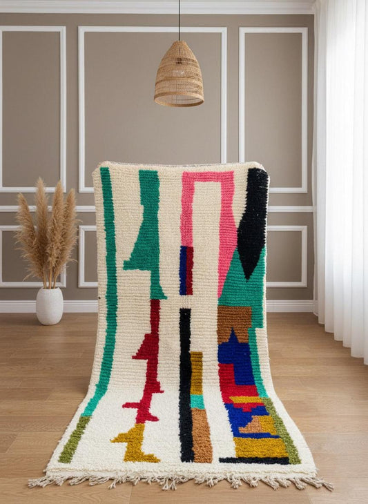 Modern Moroccan wool rug with colorful abstract pattern