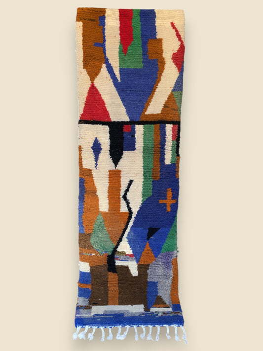 Full view of Amayas Moroccan runner rug with bold geometric and tribal motifs in vibrant colors.