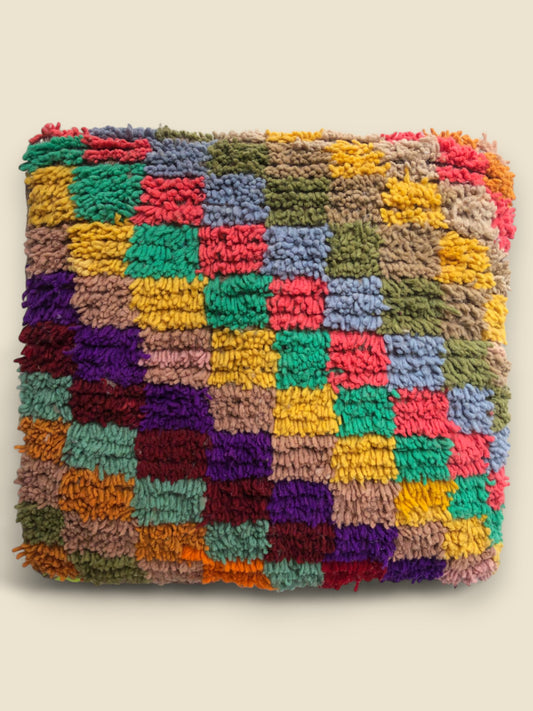 multicolor Moroccan pouffe with hand-knotted wool squares