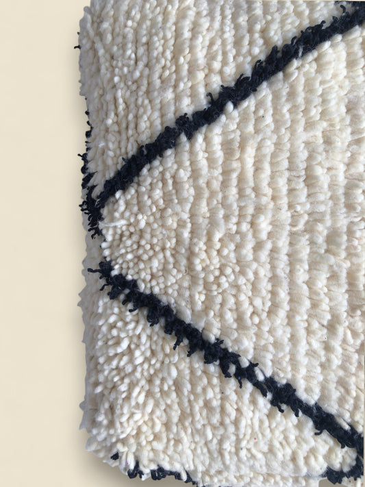 Close-up of handwoven wool texture and pattern on Moroccan pouffe