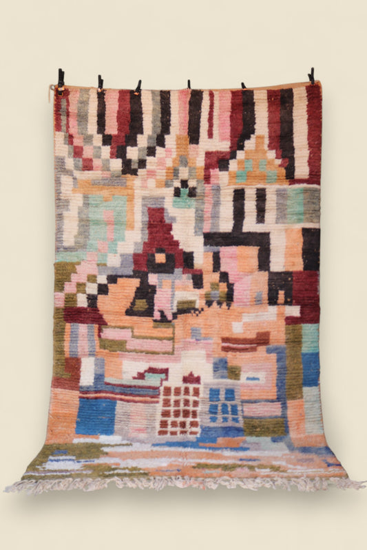 Full view of the Temzine Berber Rug showing handwoven abstract Moroccan design in warm earth tones and bold color blocks