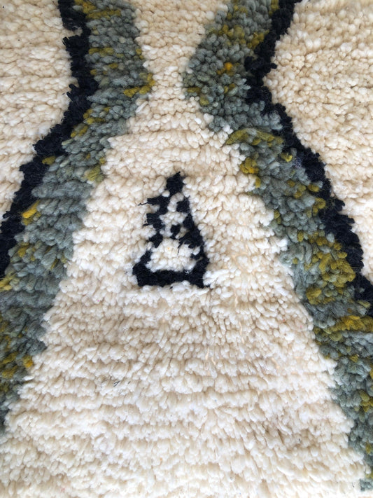 Corner shot showing mustard and black accents on fluffy wool fabric
