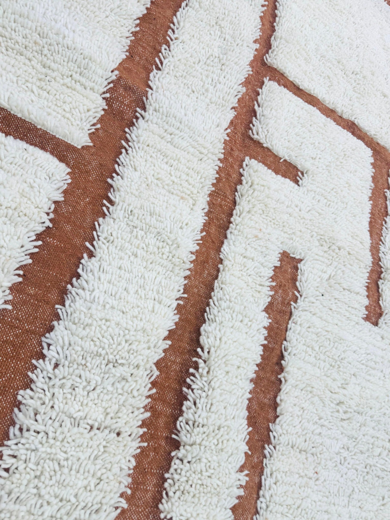 Close-up of Moroccan wool rug texture with cream pile and terracotta base