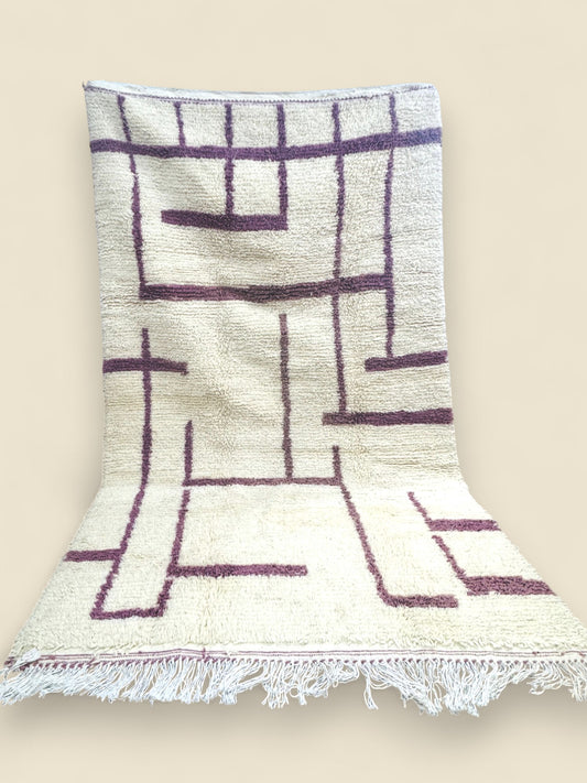 Handmade Tashelhit Berber Rug with mauve geometric lines on cream wool background