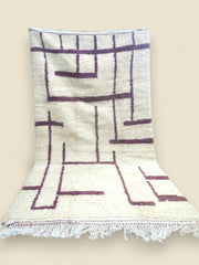 Handmade Tashelhit Berber Rug with mauve geometric lines on cream wool background