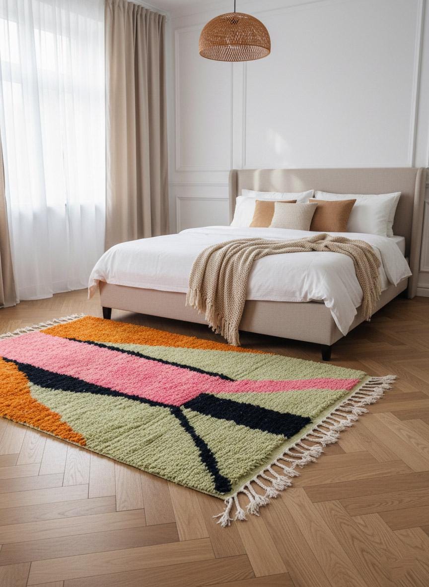Handwoven Moroccan wool rug with bold geometric design in bedroom