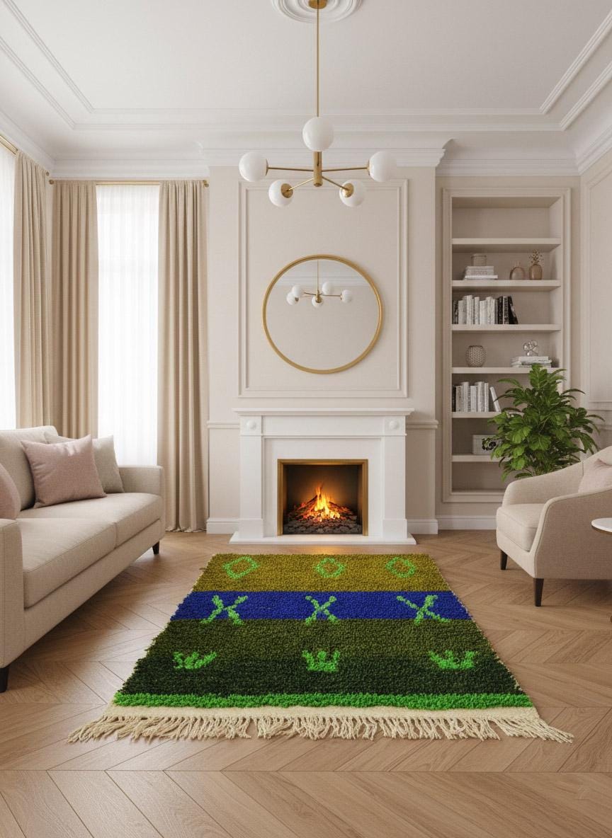 Handmade green Moroccan rug with blue geometric band in living room