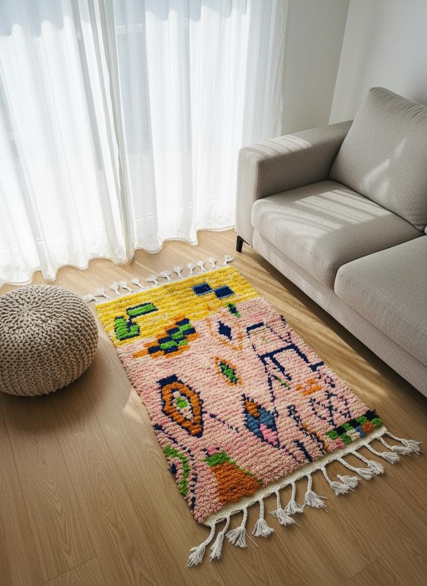 Handmade pink Moroccan rug with fringe detail