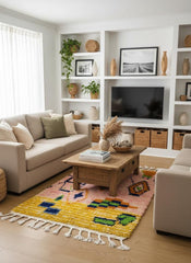 Handwoven Moroccan geometric rug displayed upright