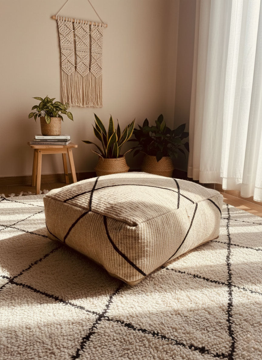 Handwoven beige wool Berber pouf styled in a cozy boho living corner