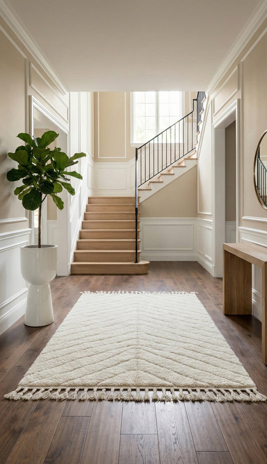 Cream chevron Adel rug in a modern entryway.