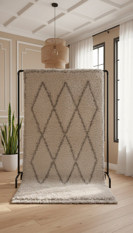 Beige Berber Tifra rug with gray diamond pattern on display stand