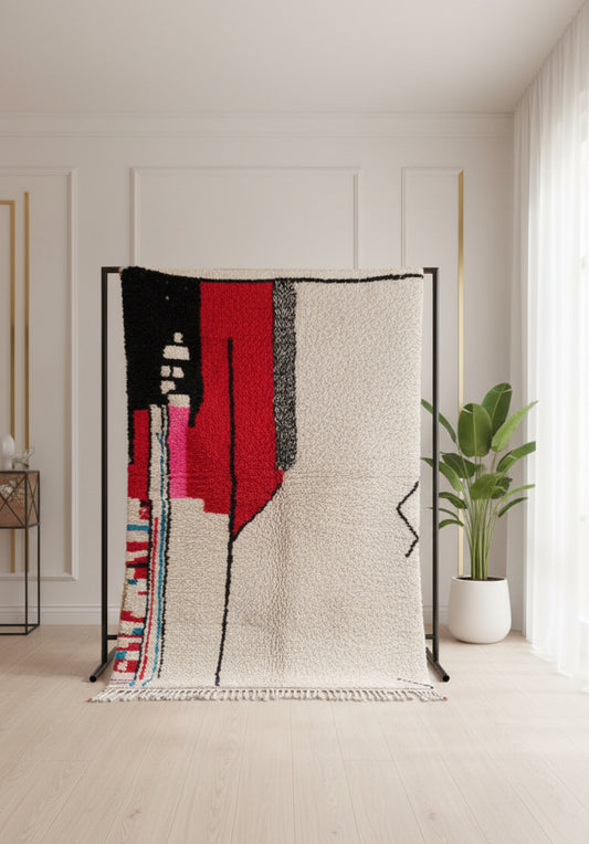 Tisili Moroccan rug displayed on a stand showing its red and ivory abstract pattern.