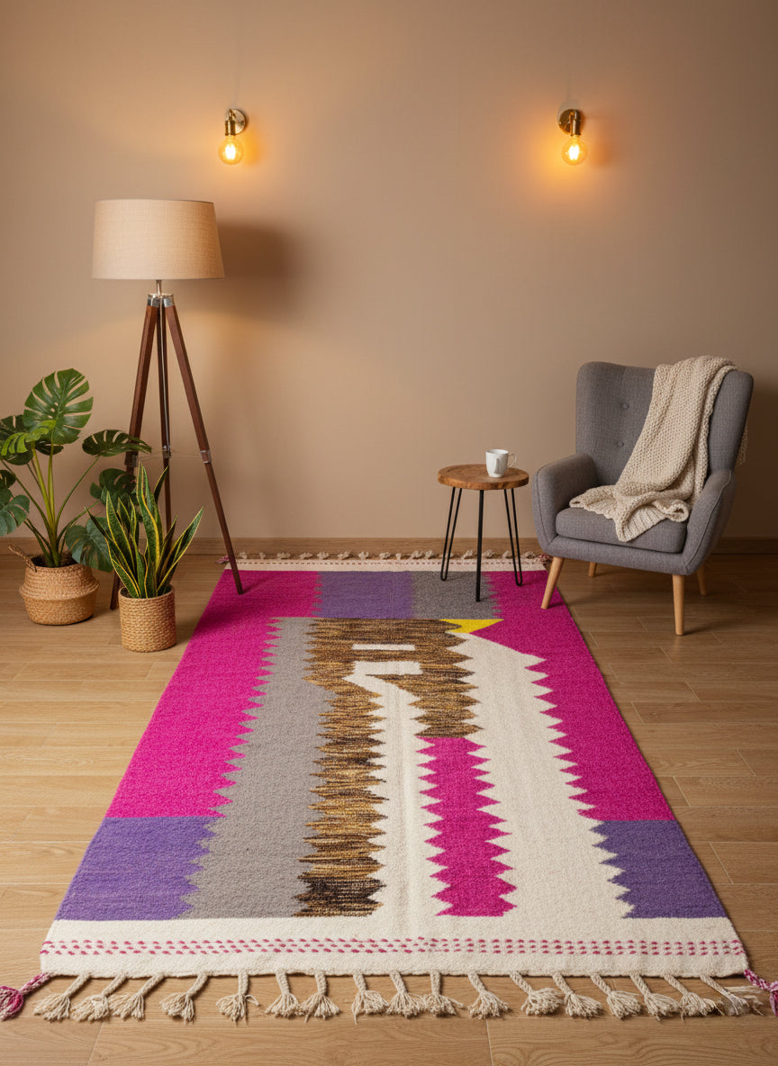 Tighilt handmade Moroccan rug displayed with boho decor and indoor plants.