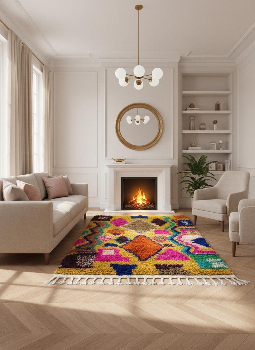Colorful yellow Moroccan rug with geometric drawing in living room