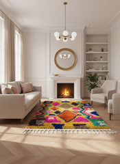 Colorful yellow Moroccan rug with geometric drawing in living room