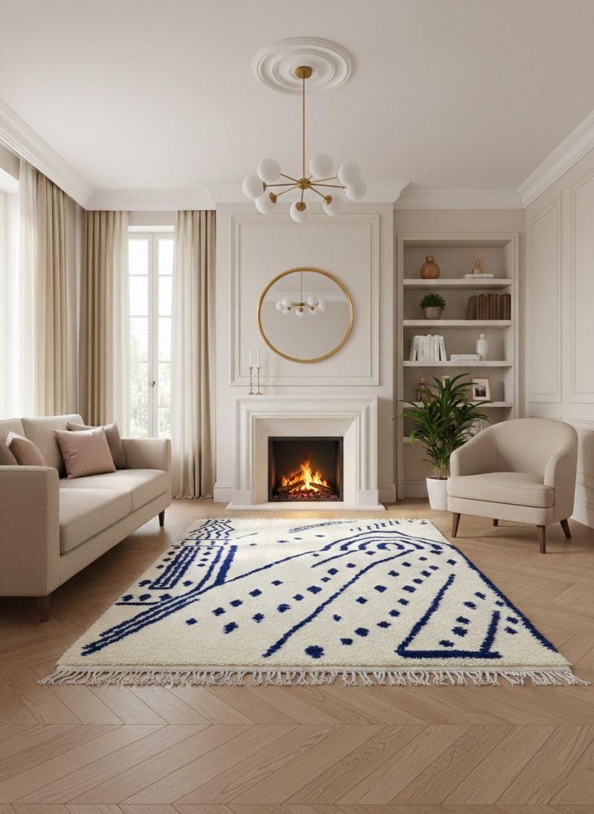 Handwoven Berber wool rug with blue pattern