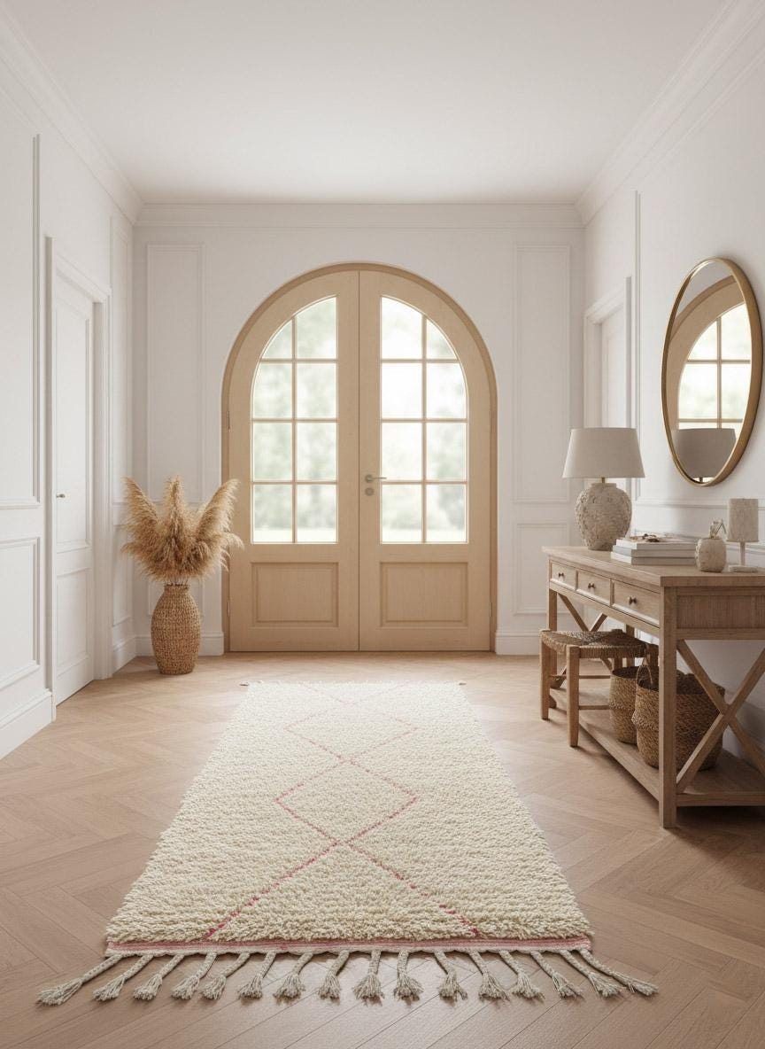 Soft pink Moroccan runner rug displayed in elegant neutral entryway