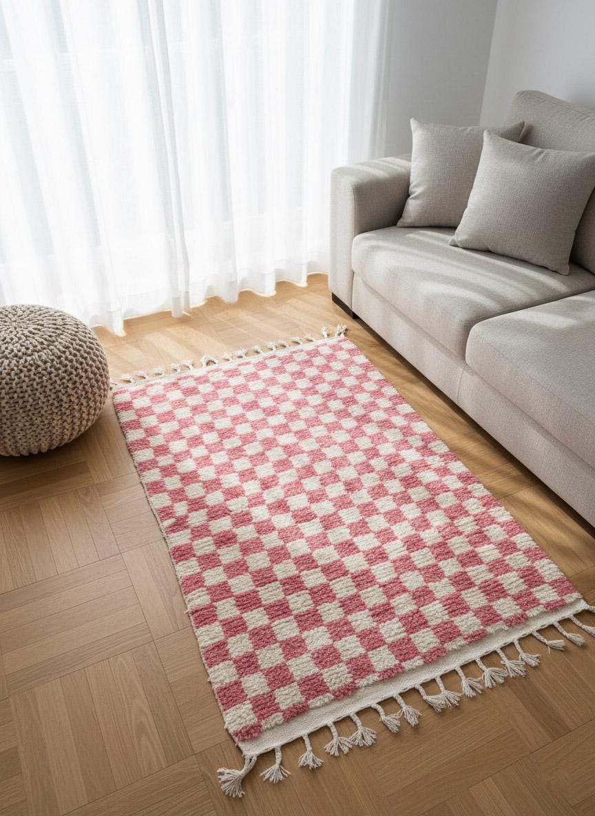 Pink checkered Moroccan wool rug beside sofa