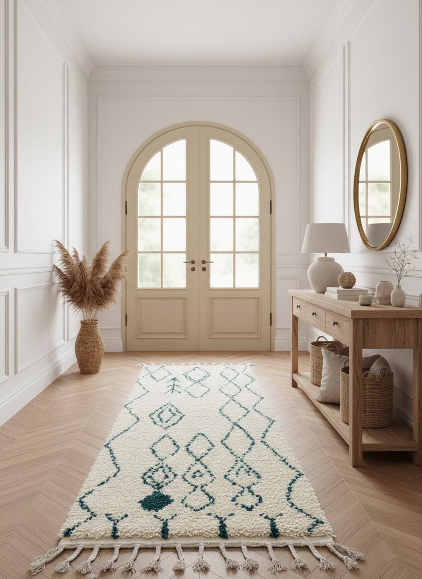 Handmade cream Moroccan runner rug styled in boho sunlit room