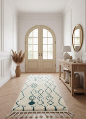 Handmade cream Moroccan runner rug styled in boho sunlit room