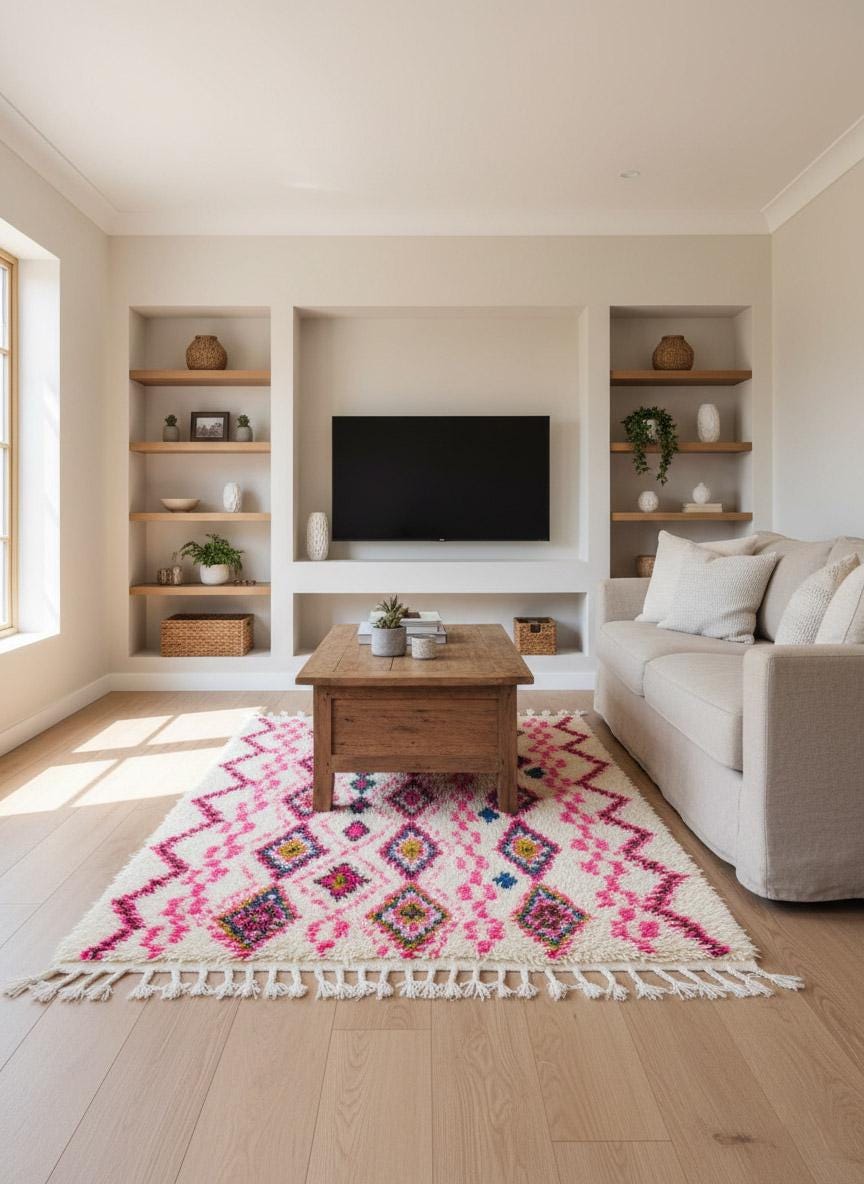 Beige and pink Moroccan rug with colorful diamond pattern in living room